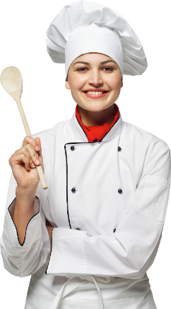 A female chef holding a spoon into the air.