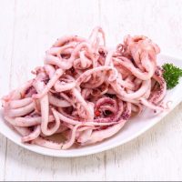 A plate of marinated squid tentacles for Calamari Salad.
