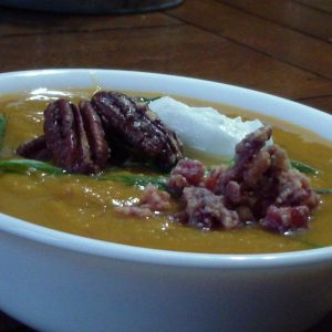 sweet potato soup with pecans and maple bacon
